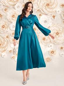 Modelyn Women's Embossed Rhinestone 3d Flower Decorated Lantern Sleeve Wrap Dress