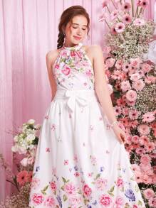 SHEIN Conjunto de 2 piezas para adolescentes con blusa de cuello halter con estampado floral tejido y falda maxi - Rosa - Ver 4