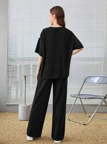 SHEIN 少女针织拼色落肩短袖 T 恤和长裤休闲两件套 - 黑色 - 查看 2