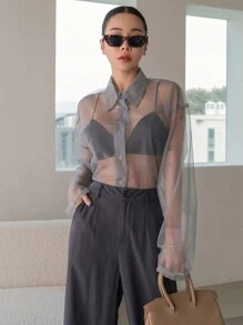 Dazy Designer Women's See-Through Long Sleeve Top With Collar And Unique Design - Grey - View 2
