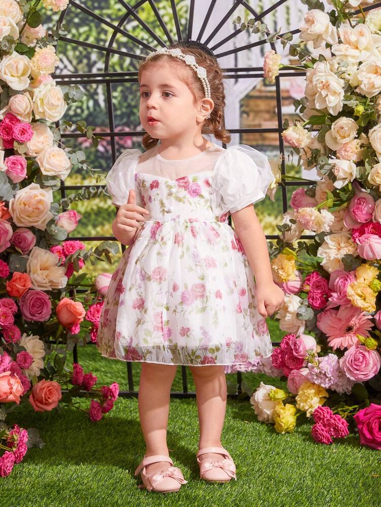 Baby Girl Elegant Floral Mesh Bubble Sleeve Princess Style Dress