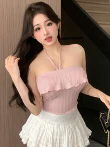 Dazy Designer Của phụ nữ Halterneck Kết cấu Thiết kế Wrapped Màu hồng Áo ba lỗ - Hồng - Xem 6