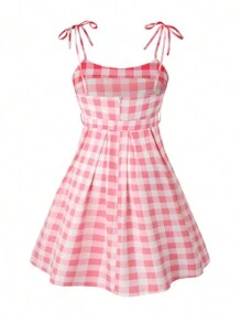 Flirla Hơn Cà vạt vai Tự thắt lưng Kẻ sọc Trâu Váy Dây - Hồng - Xem 2