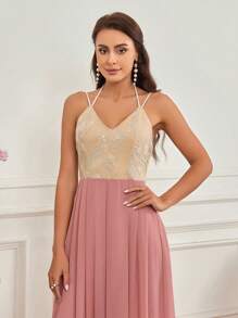 SHEIN Belle 閃亮拼接腰帶褶皺寬腿派對連身褲 - 粉色 - 查看 5