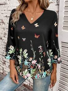 EMERY ROSE 加大尺碼女士蝴蝶和花卉印花v領襯衫 - 黑色 - 查看 1