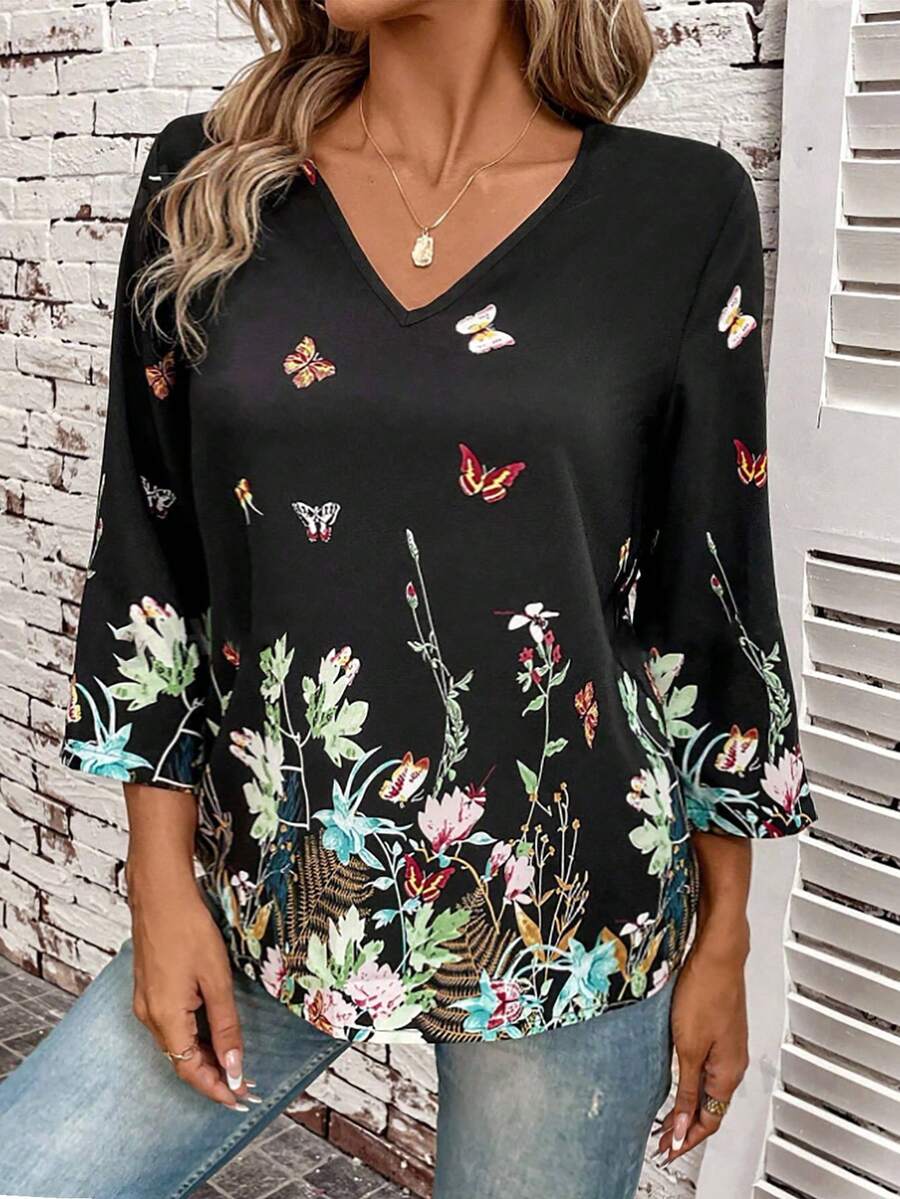 EMERY ROSE 加大尺碼女士蝴蝶和花卉印花v領襯衫 - 黑色 - 查看 1