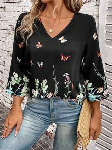 EMERY ROSE 加大尺碼女士蝴蝶和花卉印花v領襯衫 - 黑色 - 查看 4