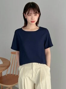 FRIFUL Designer Của phụ nữ Vòng cổ Màu thuần Áo thun - Màu xanh hải quân - Xem 3