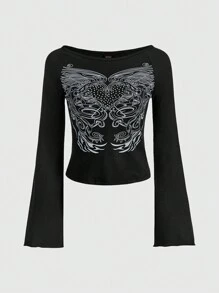 ROMWE Fairycore 心和翅膀印花荷葉袖T恤