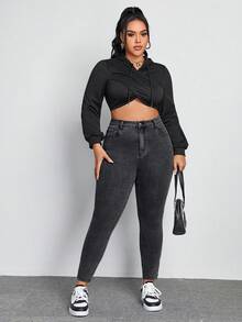 SHEIN EZwear 大尺碼修身休閒牛仔褲 - 深灰色 - 查看 5