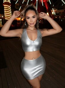 SHEIN SXY Summer Sets Metallic Two Pieces Sets Festival Silver Leather Set - Silver - View 6