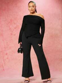 SHEIN BAE Off-Shoulder Brown Mesh Plus Size Long-Sleeved T-Shirt - Black - View 4