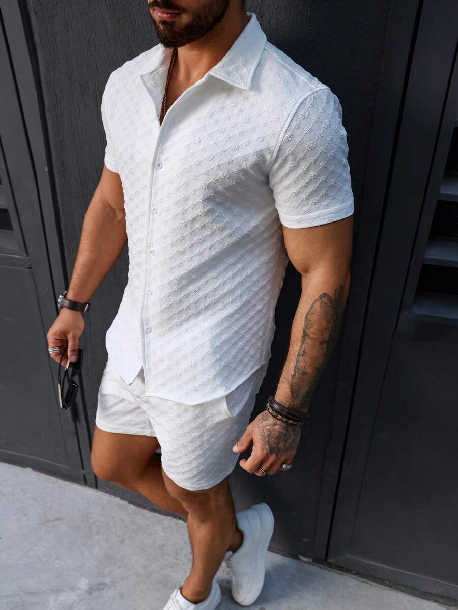 Manfinity Homme Conjunto De Camisa De Manga Corta Y Pantalon Corto De Color Sólido Para Hombre - Blanco - Ver 1