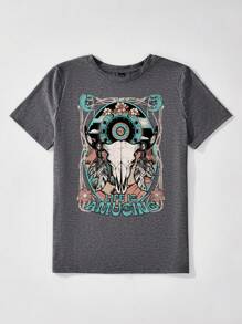 SHEIN LUNE 休闲牛头标志图案圆领短袖修身女式 T 恤，适合夏季