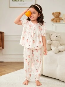 SHEIN 年轻女孩可爱蝴蝶仙子印花圆领蝴蝶 3D 图形泡泡袖松紧袖口裤针织两件套家居服套装 - 淺粉色 - 查看 4