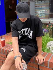 DAZY 男士字母印花夏季t恤和短褲套裝 - 黑色 - 查看 5