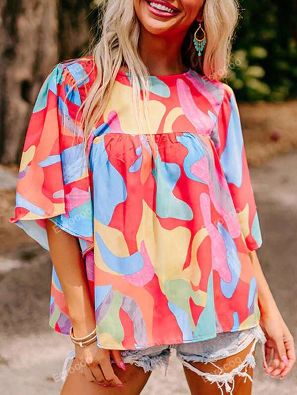 Blouse à col ras-du-cou avec manches larges et motif abstrait pour femmes