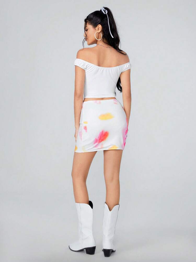 2pcs/Set Tie Dye Printed Cropped Top And Skirt Outfit