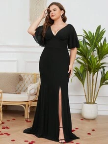 Plus Plunging Neck Butterfly Sleeve Split Thigh Wedding Dress - Black - View 5