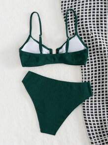 SHEIN Swim Ensemble Bikini Col En V Tricoté Côtelé Avec Détail Découpé, Festival De Musique - Vert sapin - Voir 3