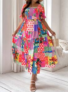 SHEIN SunnyBelle Plus Size Women's Boho Floral Print A-Line Dress With Square Neck, For Summer - Multicolor - View 7