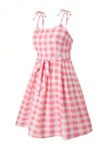 Flirla Hơn Cà vạt vai Tự thắt lưng Kẻ sọc Trâu Váy Dây - Hồng - Xem 3