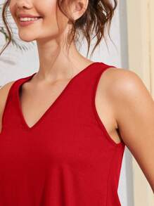 SHEIN Essnce Áo ba lỗ dệt kim cổ chữ V trơn dành cho nữ - Đỏ - Xem 5