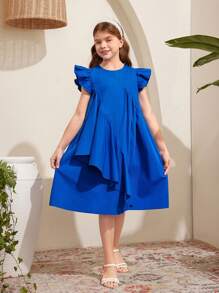 SHEIN Leap Crew Tween Girls' Loose Cute Cap Sleeves Round Neck Asymmetrical Ruffle Hem A-Line Dress - Blue - View 4