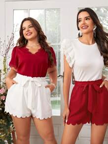 SHEIN Clasi 大尺碼女蕾絲拼接泡泡袖襯衫 - 紅色 - 查看 1