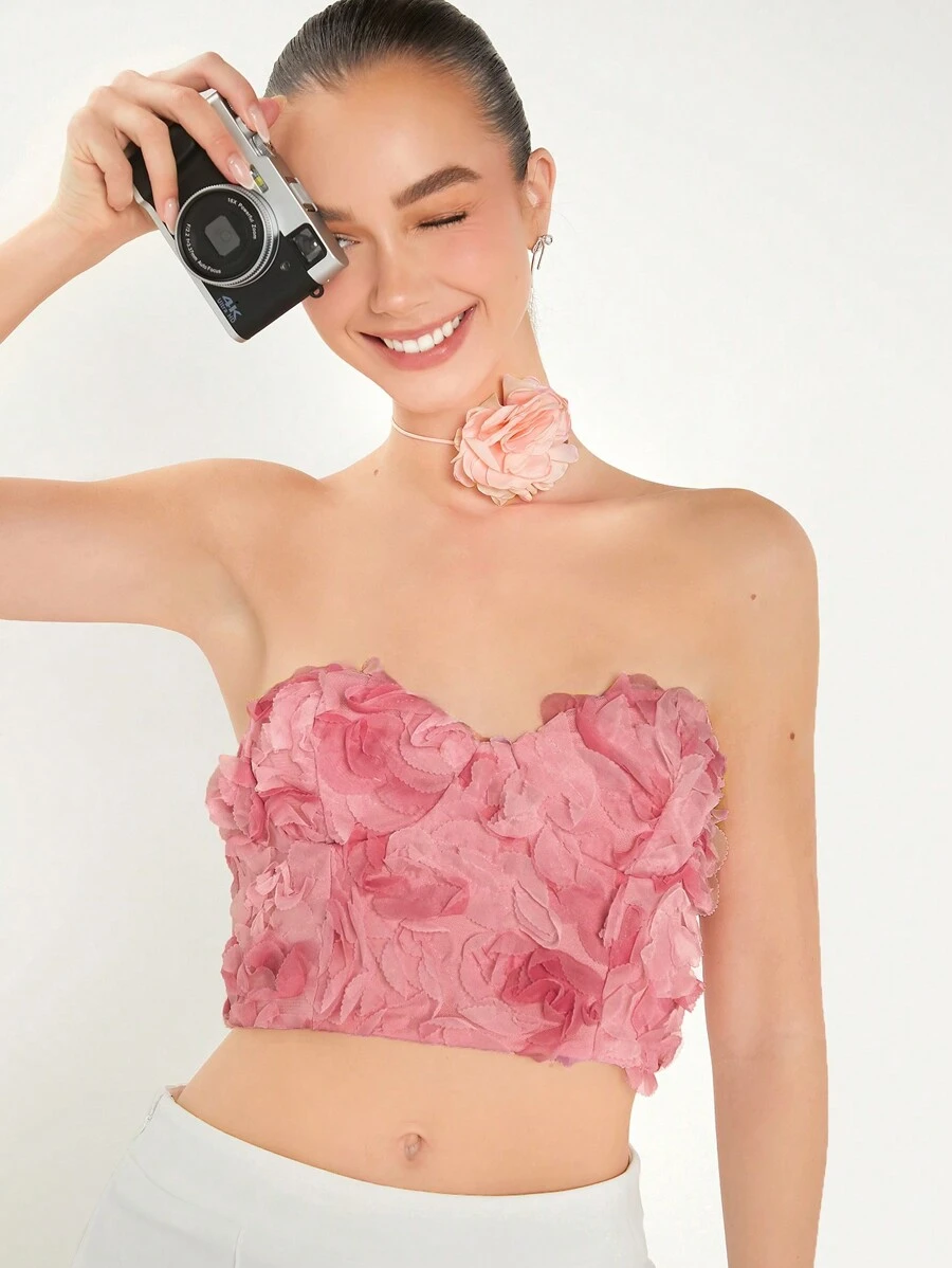 Enchnt Summer Women's Short Floral Cut Out Strapless Corset Top