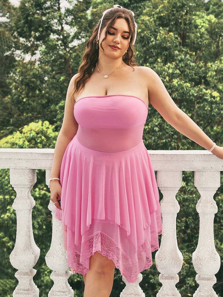 Plus Size Mesh Fabric Asymmetrical Lace Hem Strapless Dress Music Festival  Pink Women Dresses Pink Women Dresses Summer Spring Outfits Junior Dresses Country Concert Outfit Colorful Dress Pastel Dress Vacation, Wedding Guest Dress