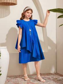 SHEIN Leap Crew Tween Girls' Loose Cute Cap Sleeves Round Neck Asymmetrical Ruffle Hem A-Line Dress - Blue - View 6