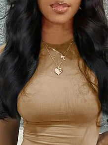 SHEIN Solid Color Ribbed Slim Fit Short Sleeve Top And Shorts Set - Khaki - View 4