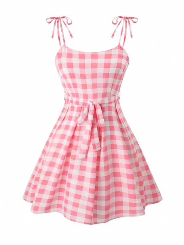Franclia Plus Tie Shoulder Self Belted Buffalo Plaid Cami Dress