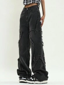 歐美風格拼接原邊寬腿褲，經過水洗處理 - 黑色 - 查看 5