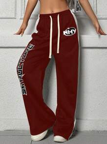 Flirla Pantalones Largos Con Estampado De Letras Y Cintura Con Cordón - Rojo - Ver 3