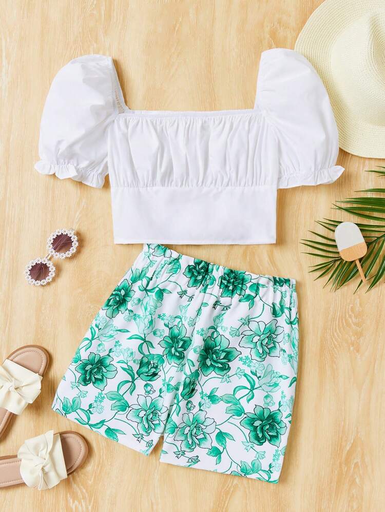 Teen Girl Casual 2pcs/Set Bubble Sleeve Shirt & Floral Print Shorts