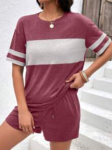 INAWLY Women's Colorblock Drop Shoulder T-Shirt And Shorts Set - Multicolor - View 3