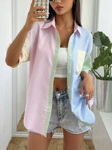 SHEIN Unity 女士短袖超大尺碼條紋拼接襯衫 - 彩色 - 查看 1