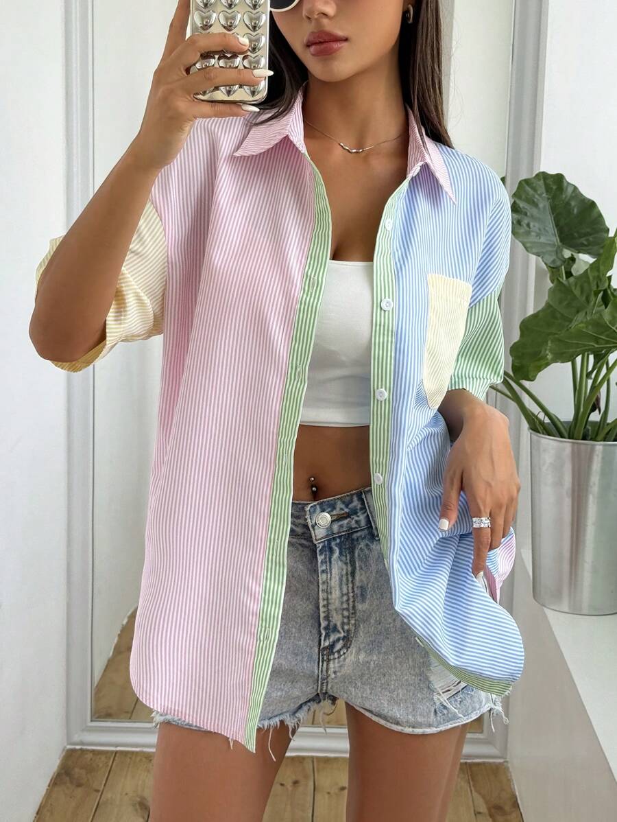 SHEIN Unity 女士短袖超大尺碼條紋拼接襯衫 - 彩色 - 查看 1