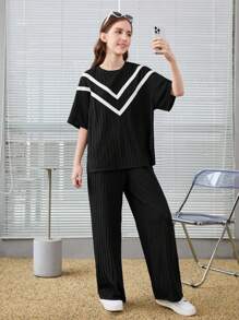 SHEIN 少女针织拼色落肩短袖 T 恤和长裤休闲两件套 - 黑色 - 查看 6
