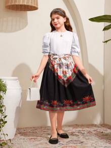 SHEIN 少女們寬鬆可愛的印花擺裙,適合日常穿著 - 黑色 - 查看 4