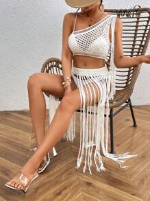 Swim EVENT 1 件女式流苏装饰短款单肩上衣和 1 件流苏下摆罩衫套装夏季 - 米色 - 查看 3