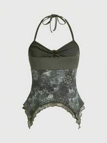 ROMWE Hippie Floral Print Ring Linked Halter Top