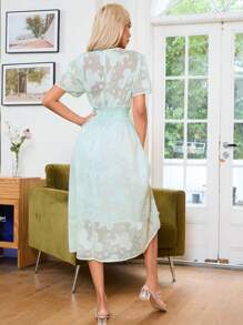 GENKIRA Jacquard Waist Cinched Short Sleeve Dress - Green - View 2