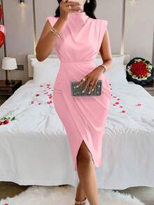 Women's Summer Elegant Fashionable Turtleneck Wrap Front Slit Dress - Pink - View 6