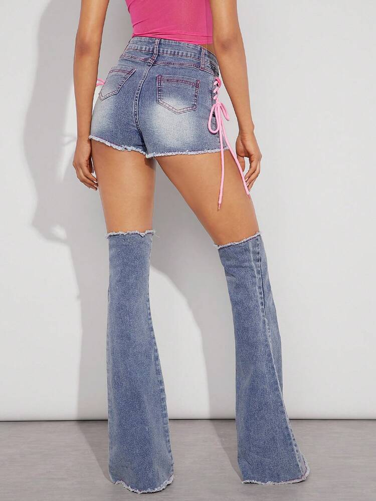 Lace Up Denim Shorts With Leg Warmers