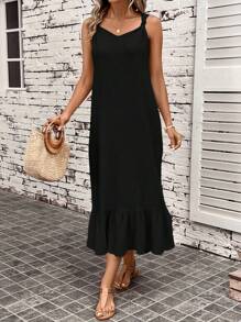 SHEIN LUNE Double Layer Gauze Breathable And Comfortable Knot Shoulder Strap Ruffle Hem Women's Dress - Black - View 5