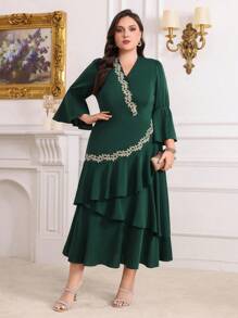 Modelyn Plus Size V-Neck Lace Patchwork Ruffle Dress,Elegant Evening Party Dress Long Evening Dresses - Dark Green - View 7