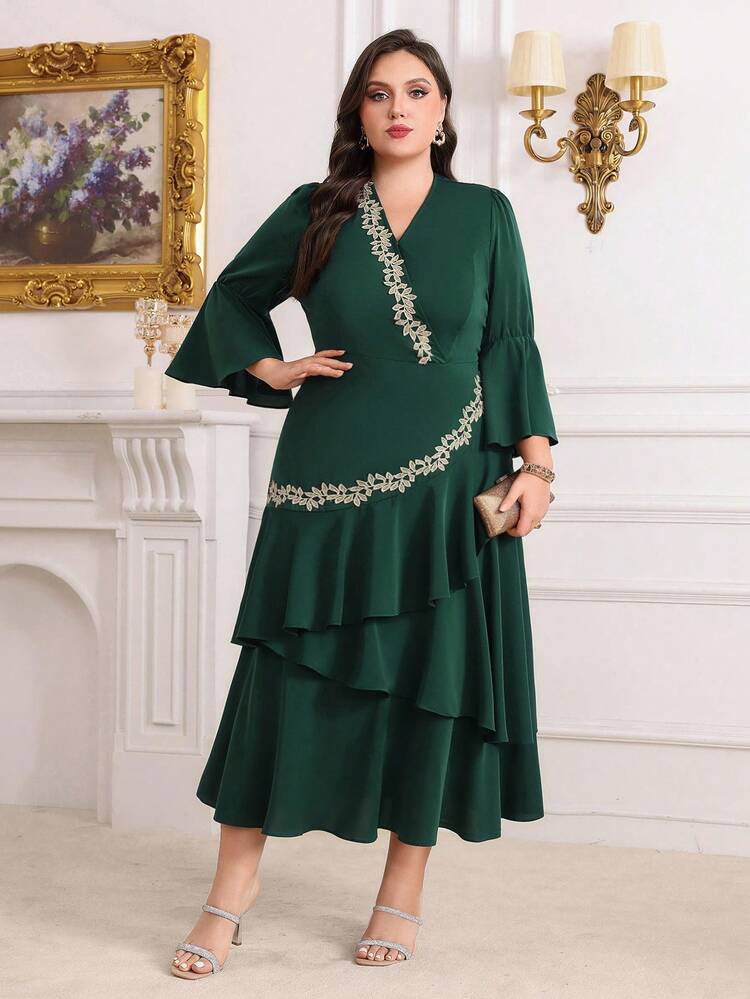 Plus Size V-Neck Lace Patchwork Ruffle Dress,Elegant Evening Party Dress Long Evening Dresses